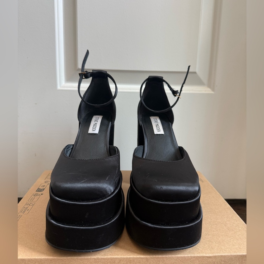 Steve Madden Black Satin Platform Ankle Strap Charlize Heels